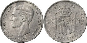 1877*1877. Alfonso XII. DEM. 5 pesetas. (AC. 38). 24,74 g. BC+.