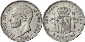 1885*1887. Alfonso XII. MSM. 5 pesetas. (AC. 62). 24,89 g. BC+/MBC-.