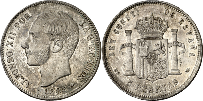 1885*1887. Alfonso XII. MSM. 5 pesetas. (AC. 62). Parte de brillo original. 24,1...