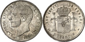 1885*1887. Alfonso XII. MSM. 5 pesetas. (AC. 62). Parte de brillo original. 24,16 g. EBC-.