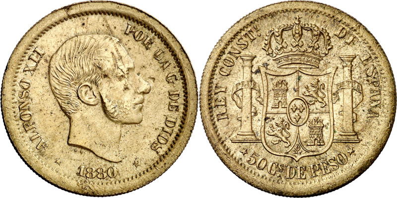 1880. Alfonso XII. Manila. 50 centavos. (AC. 165). Prueba en latón realizada baj...