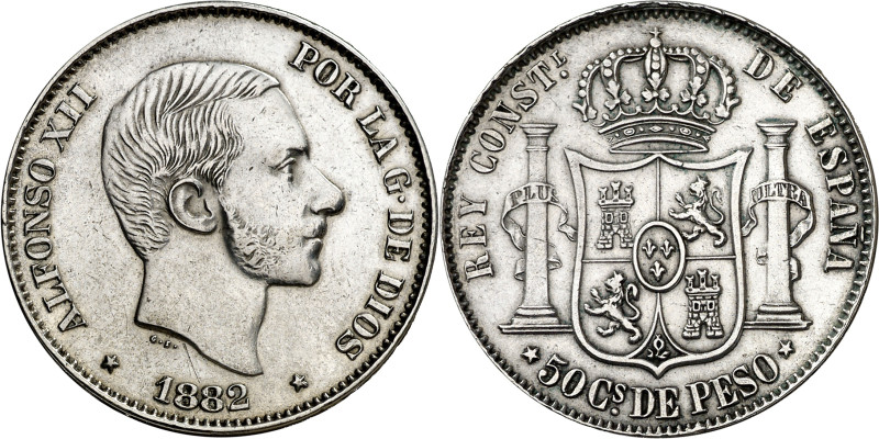 1882. Alfonso XII. Manila. 50 centavos. (AC. 119). Limpiada. 13,02 g. MBC+.