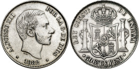 1882. Alfonso XII. Manila. 50 centavos. (AC. 119). Limpiada. 13,02 g. MBC+.
