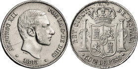 1883. Alfonso XII. Manila. 50 centavos. (AC. 120). Limpiada. 12,91 g. MBC-.