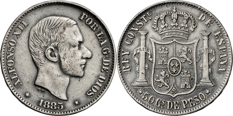 1885. Alfonso XII. Manila. 50 centavos. (AC. 124). 12,90 g. MBC-/MBC.