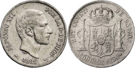 1885. Alfonso XII. Manila. 50 centavos. (AC. 124). Impurezas. 12,86 g. MBC.