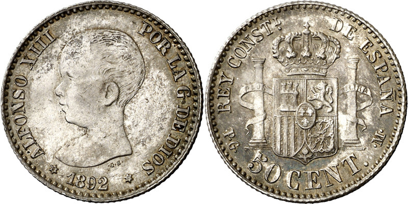 1892*92. Alfonso XIII. PGM. 50 céntimos. (AC. 38). 2,55 g. EBC+.