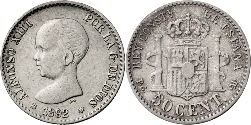 1892*22 Alfonso XIII. PGM. 50 céntimos. (AC. 40). 2,49 g. MBC-.