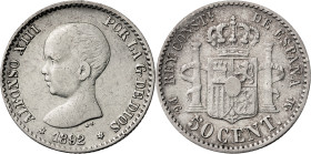 1892*22 Alfonso XIII. PGM. 50 céntimos. (AC. 40). 2,49 g. MBC-.