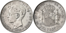 1896*1896. Alfonso XIII. PGV. 1 peseta. (AC. 56). 5 g. EBC-.