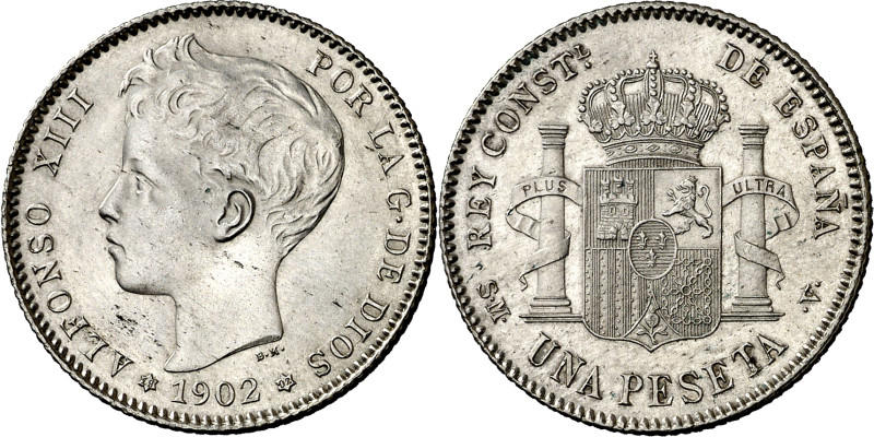 1902*1902. Alfonso XIII. SMV. 1 peseta. (AC. 64). Bella. Escasa así. 5,01 g. EBC...