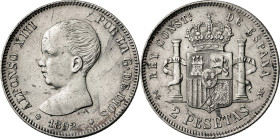 1892*18-2. Alfonso XIII. PGM. 2 pesetas. (AC. 85). Leves marquitas. 9,92 g. MBC+/MBC.