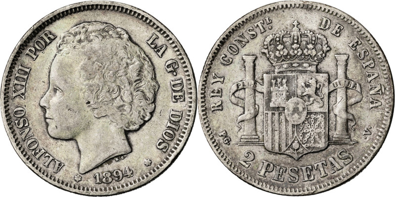 1894*18--. Alfonso XIII. PGV. 2 pesetas. (AC. 86). 9,93 g. BC+.