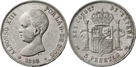 1888*1888. Alfonso XIII. MPM. 5 pesetas. (AC. 92). 24,90 g. MBC-.