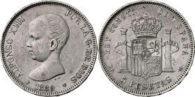 1889*1889. Alfonso XIII. MPM. 5 pesetas. (AC. 93). 24,80 g. MBC-/MBC.