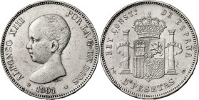 1891*1891. Alfonso XIII. 5 pesetas. (AC. 98). 24,90 g. MBC-/MBC.