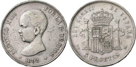1892*1892. Alfonso XIII. PGM. 5 pesetas. (AC. 99). Tipo "pelón". Estrellas flojas. 24,98 g. BC+/MBC-.