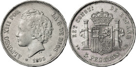 1893*1893. Alfonso XIII. PGL. 5 pesetas. (AC. 102). 24,91 g. MBC-.