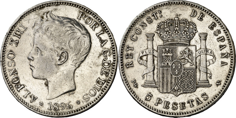 1896*1896. Alfonso XIII. PGV. 5 pesetas. (AC. 106). Limpiada. 24,90 g. MBC-.