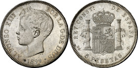 1899*1899. Alfonso XIII. SGV. 5 pesetas. (AC. 110). Leves rayitas. Parte de brillo original. 24,75 g. EBC/EBC+.