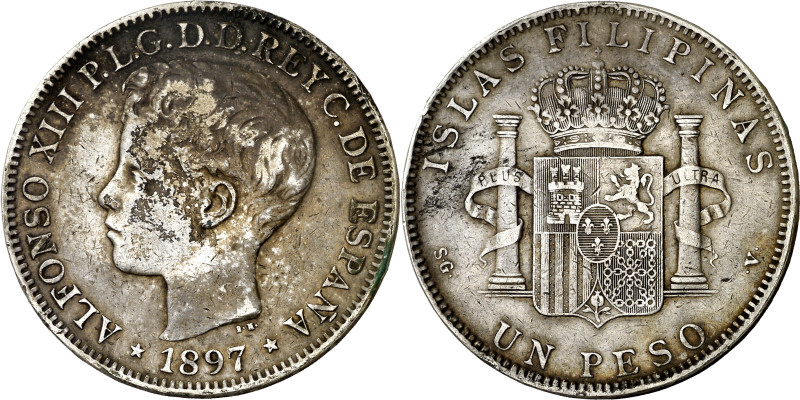 1897. Alfonso XIII. Manila. SGV. 1 peso. (AC. 122). Pátina irregular. Escasa. 24...