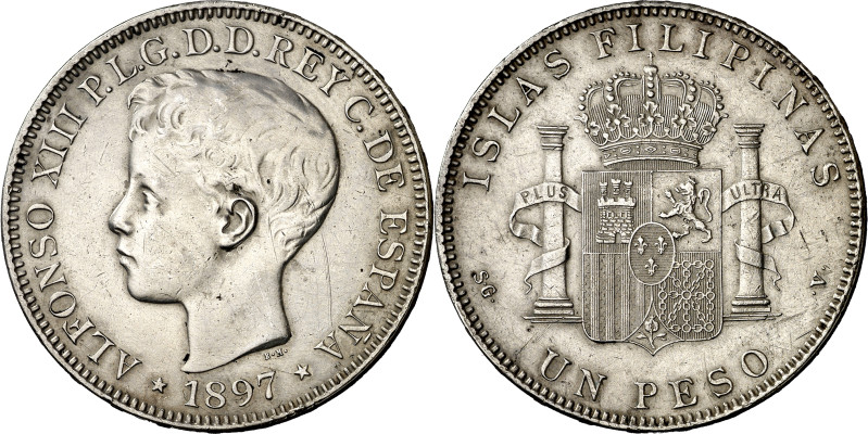 1897. Alfonso XIII. Manila. SGV. 1 peso. (AC. 122). Limpiada. Escasa. 24,85 g. M...