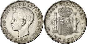 1897. Alfonso XIII. Manila. SGV. 1 peso. (AC. 122). Limpiada. Escasa. 24,85 g. MBC/MBC+.