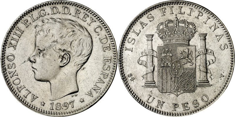 1897. Alfonso XIII. Manila. SGV. 1 peso. (AC. 122). 25,08 g. MBC+.