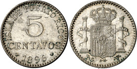 1896. Alfonso XIII. Puerto Rico. PGV. 5 centavos. (AC. 124). 1,25 g. MBC+.