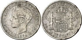 1896. Alfonso XIII. Puerto Rico. PGV. 10 centavos. (AC. 125). Rayitas. 2,47 g. MBC-.