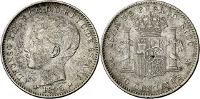1895. Alfonso XIII. Puerto Rico. PGV. 20 centavos. (AC. 126). Escasa. 4,91 g. MBC/MBC-.