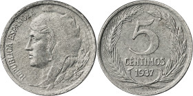 1937. II República. 5 céntimos. (AC. 4). Cabeza pequeña. 3,93 g. EBC.