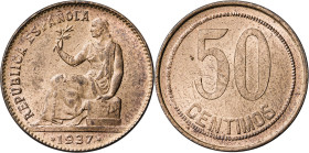 1937*36. II República. 50 céntimos. (AC. 31). Orla de cuadraditos. Brillo original. 5,95 g. EBC+.