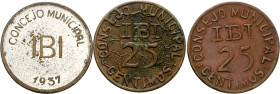 Ibi (Alicante). 25 (dos) céntimos y 1 peseta. (AC. 16,18 y 19). 3 monedas, los 25 céntimos fondo liso y mapa. Raras. MBC/MBC+.