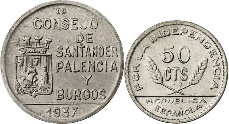 Santander, Palencia y Burgos. 50 céntimos y 1 peseta. (AC. 34 y 35). 2 monedas, ...