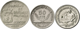 Santander, Palencia y Burgos. 50 céntimos (dos) y 1 peseta. (AC. 33 a 35). 3 monedas, serie completa (los 50 céntimos con y sin PJR). MBC/MBC+.