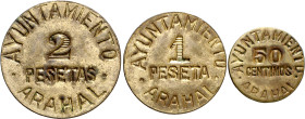 Arahal (Sevilla). 50 céntimos, 1 y 2 pesetas. (AC. 40 a 42). 3 monedas, serie completa. Rara. EBC/EBC+.
