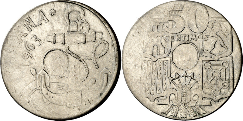 1963*--65. Franco. 50 céntimos. Sin perforación central. Acuñación floja. 4,02 g...