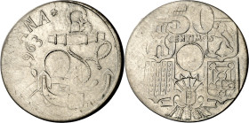 1963*--65. Franco. 50 céntimos. Sin perforación central. Acuñación floja. 4,02 g. MBC+.