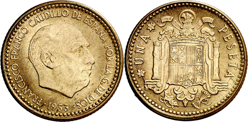 1953*1954. Franco. 1 peseta. (AC. 56). Escasa. 3,70 g. EBC+.