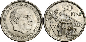 1957*58. Franco. 50 pesetas. (AC. 133). "UNA-LIBRE-GRANDE" en el canto. Golpecitos en anverso. Rara. 12,54 g MBC+.