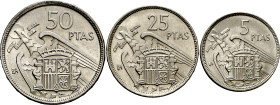 1957. Franco. BA (Barcelona). 5, 25 y 50 pesetas. (AC. 154 a 156). I Exposición Iberoamericana de Numismática y Medallística. 3 monedas, serie complet...