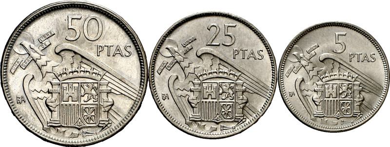 1957. Franco. BA (Barcelona). 5, 25 y 50 pesetas. (AC. 154 a 156). I Exposición ...