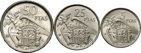 1957. Franco. BA (Barcelona). 5, 25 y 50 pesetas. (AC. 154 a 156). I Exposición Iberoamericana de Numismática y Medallística. 3 monedas, serie complet...