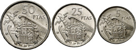 1957. Franco. BA (Barcelona). 5, 25 y 50 pesetas. (AC. 154 a 156). I Exposición Iberoamericana de Numismática y Medallística. 3 monedas, serie complet...