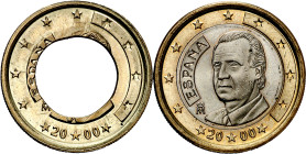 2000. Juan Carlos I. 1 euro. Error por fabricación defectuosa con perforación central demasiado pequeña para alojar el núcleo y listel sensiblemente m...