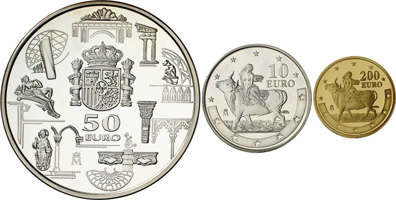 2003. Juan Carlos I. 10, 50 (AG) y 200 euro (AU). Primer Aniversario del Euro. 3...
