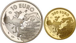2004. Juan Carlos I. 10 (AG) y 200 euro (AU). Ampliación de la UE. 2 monedas, serie completa. AG: 27 g. AU: 13,50 g. Proof.