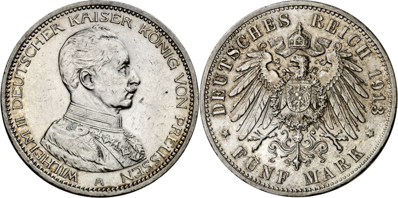Alemania. Prusia. 1913. Guillermo II. A (Berlín). 5 marcos. (KM. 536). Limpiada....