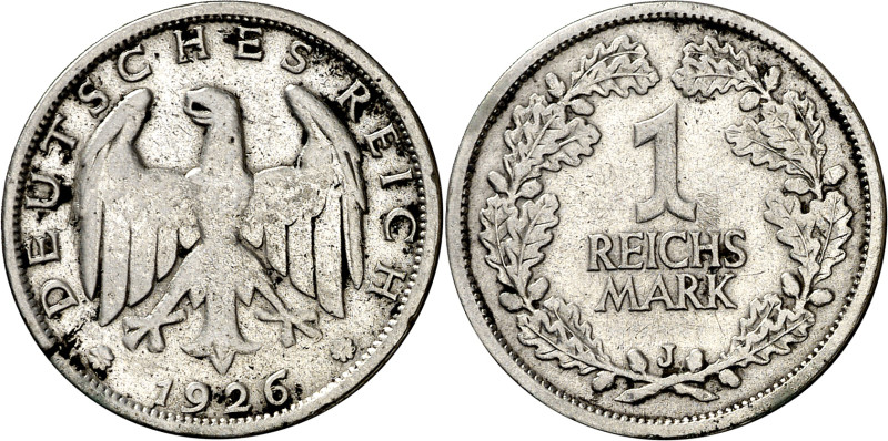 Alemania. 1926. J (Hamburgo). 1 marco. (KM. 44). AG. 4,93 g. MBC-.